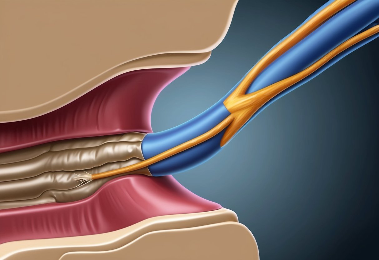 A spinal nerve being compressed as it passes through a narrowed foraminal canal, causing pain and numbness