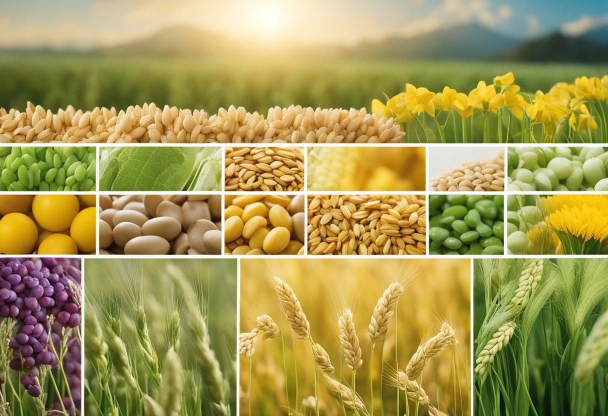 A variety of plants and grains, such as oats, barley, and legumes, are displayed in a colorful array, showcasing the sources of different types of oligosaccharides