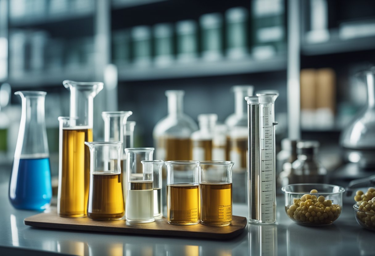 A laboratory bench with test tubes and beakers containing various types of oligosaccharides, alongside scientific equipment and notebooks