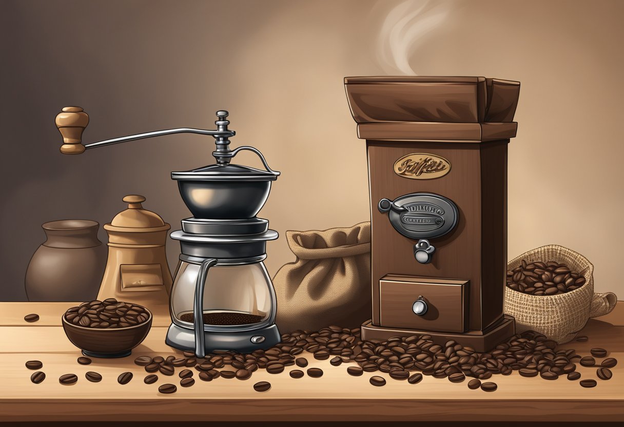 A bag of whole bean coffee sits on a wooden countertop, surrounded by scattered coffee beans and a vintage coffee grinder