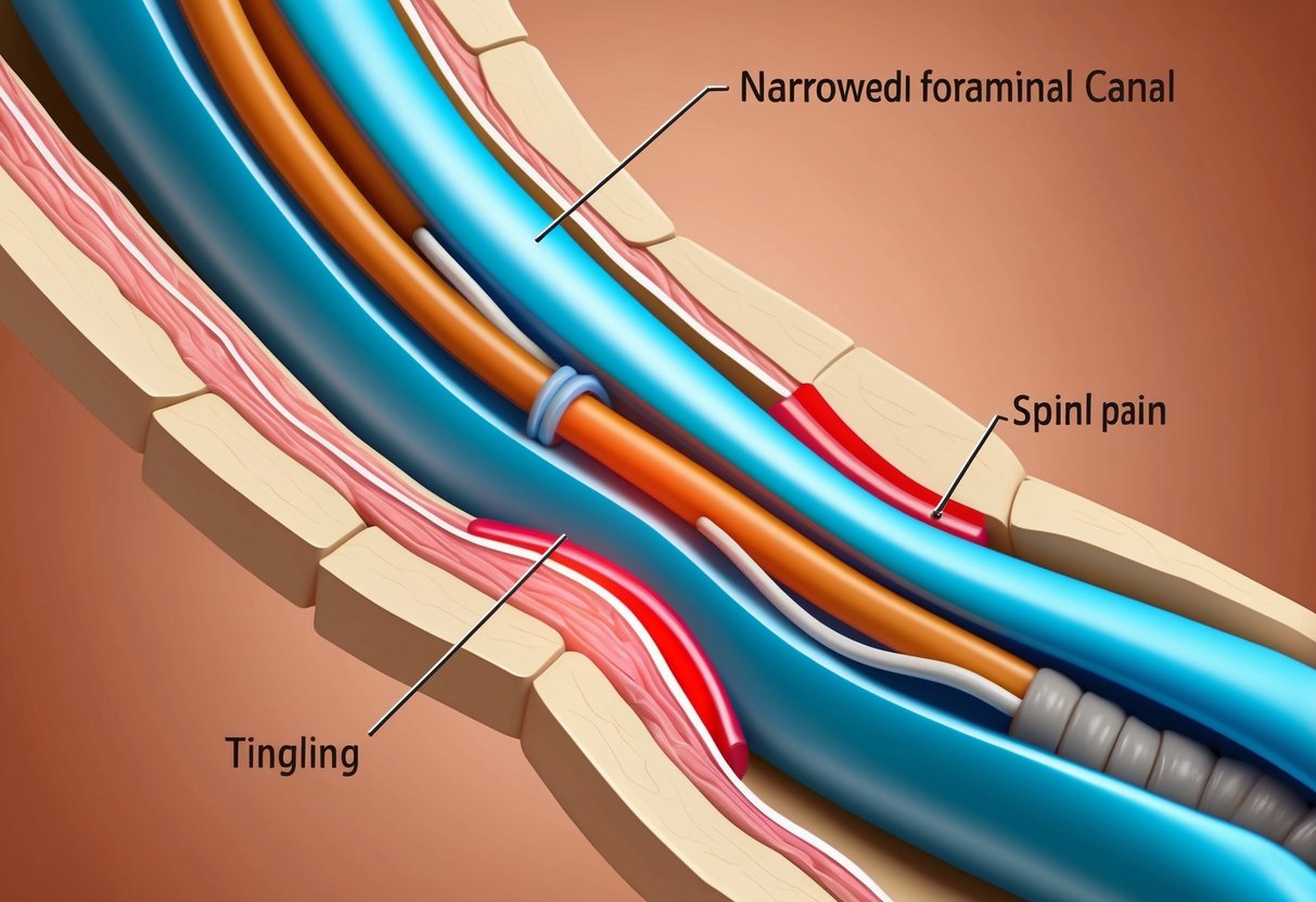 A spinal nerve being compressed within a narrowed foraminal canal, causing pain and tingling