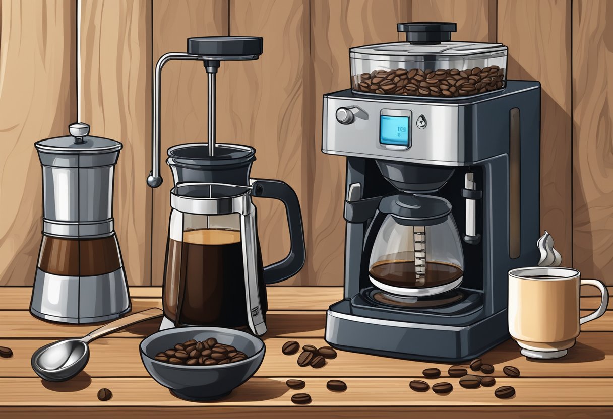 A bag of whole bean coffee sits on a wooden countertop, surrounded by a coffee grinder, scoop, and French press. A steaming cup of freshly brewed coffee completes the scene