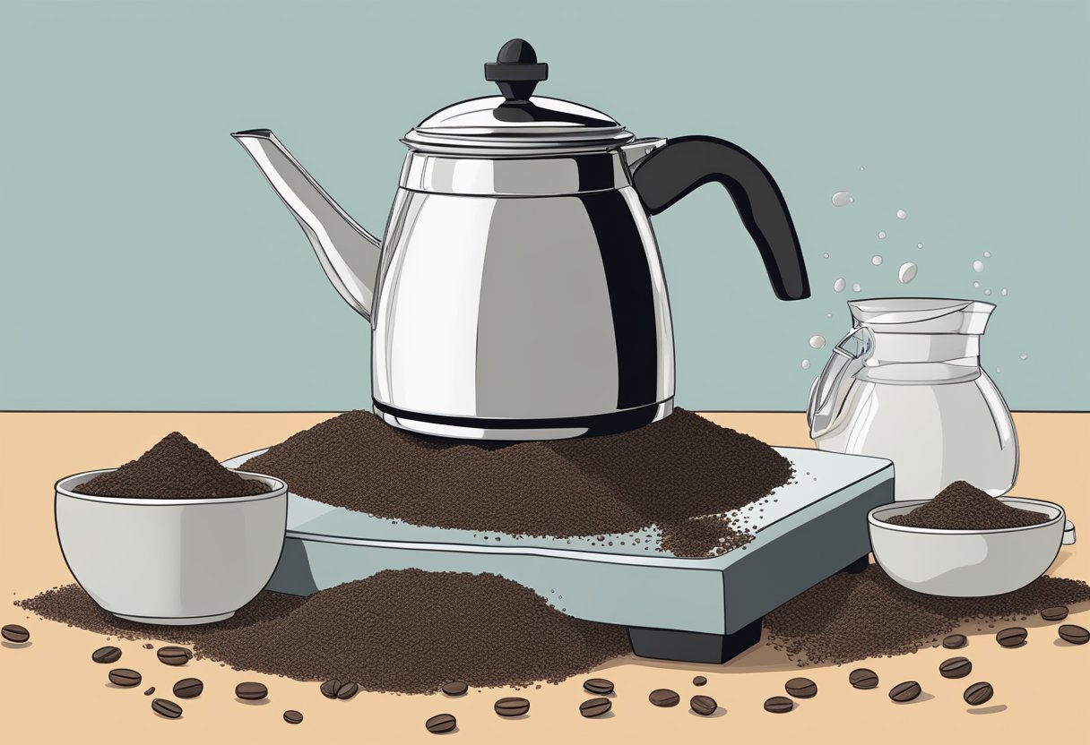 A large coffee pot filled with 30 cups of water and a mound of coffee grounds next to it