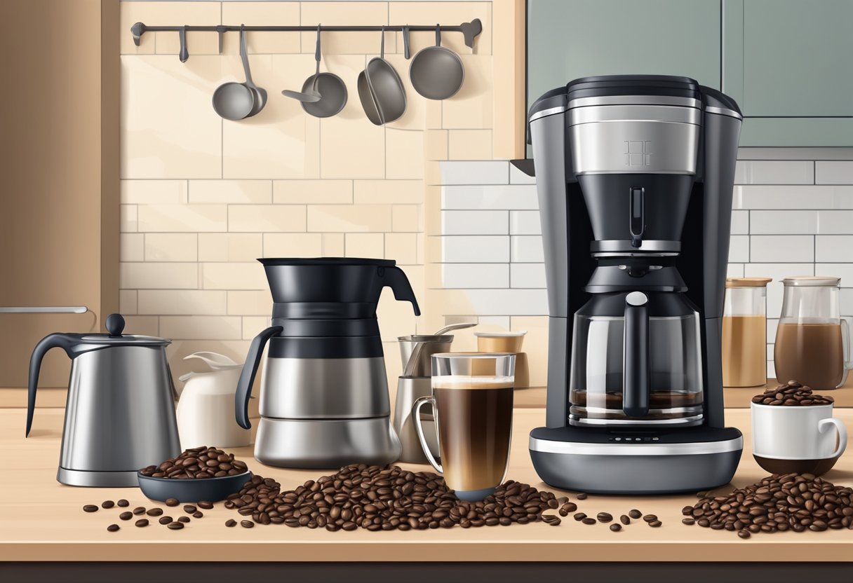 A coffee maker with a large capacity sits on a kitchen counter, surrounded by bags of coffee beans and a measuring scoop