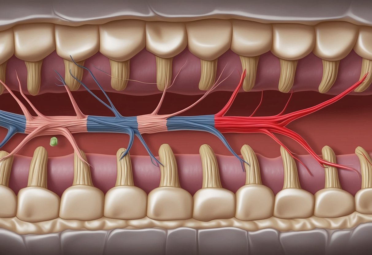 A narrow spinal canal with compressed nerves