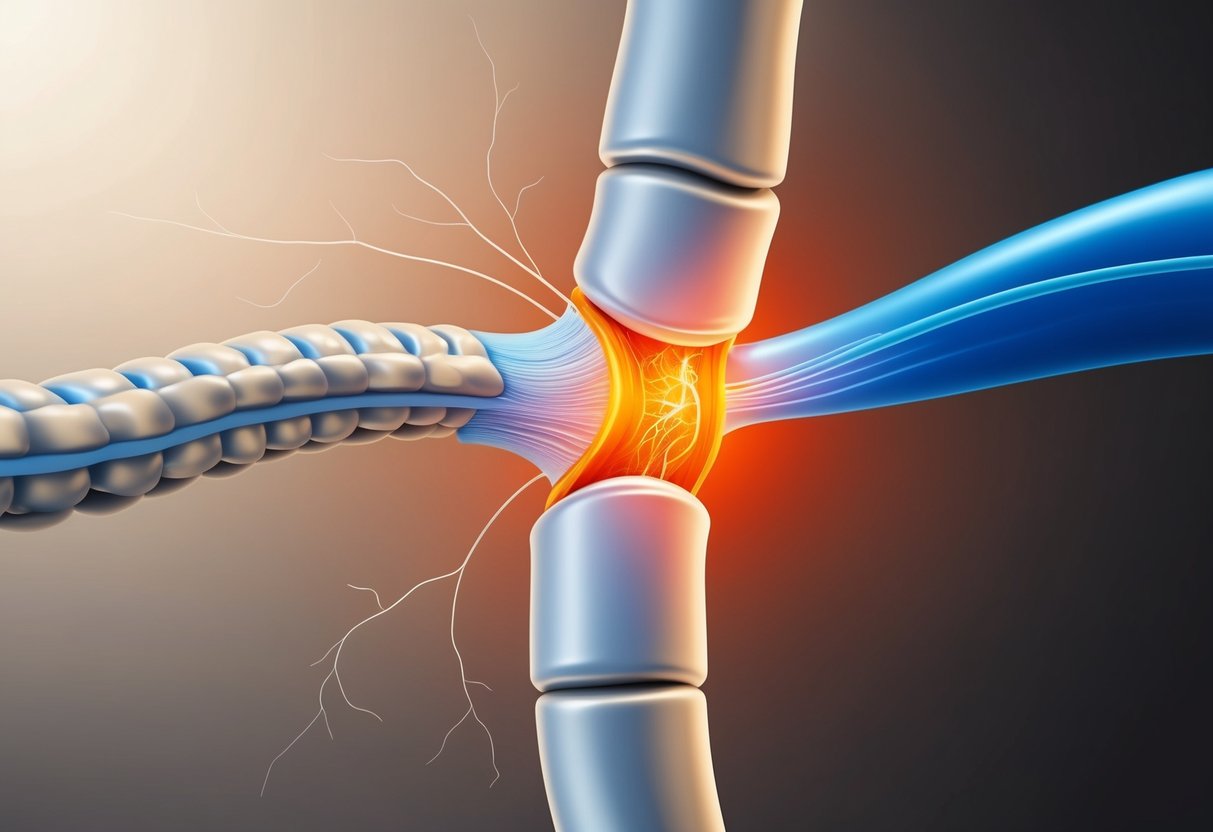 A spinal nerve being compressed and pinched by a narrowed foraminal canal, causing radiating pain and numbness