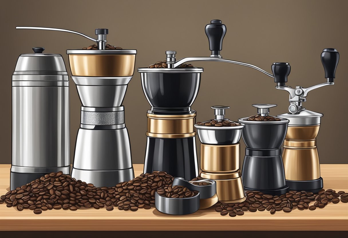 A variety of coffee grinders displayed on a kitchen counter, with a bag of coffee beans nearby