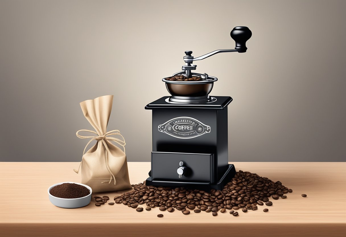 A hand-operated coffee grinder sits on a kitchen counter next to a bag of whole coffee beans. The grinder's handle is being turned, and ground coffee is falling into a waiting container