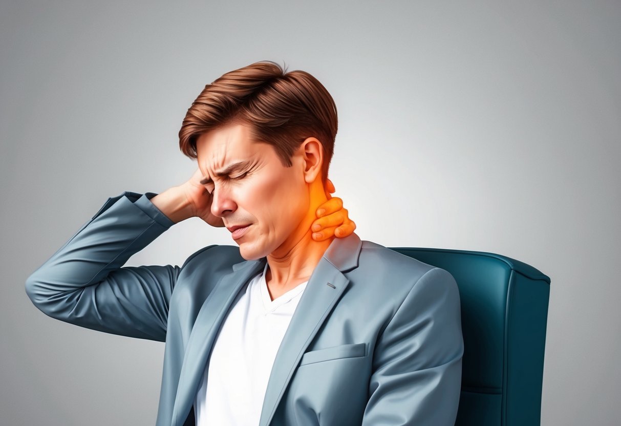 A person sitting in a chair, holding their neck in pain, with a pained expression on their face