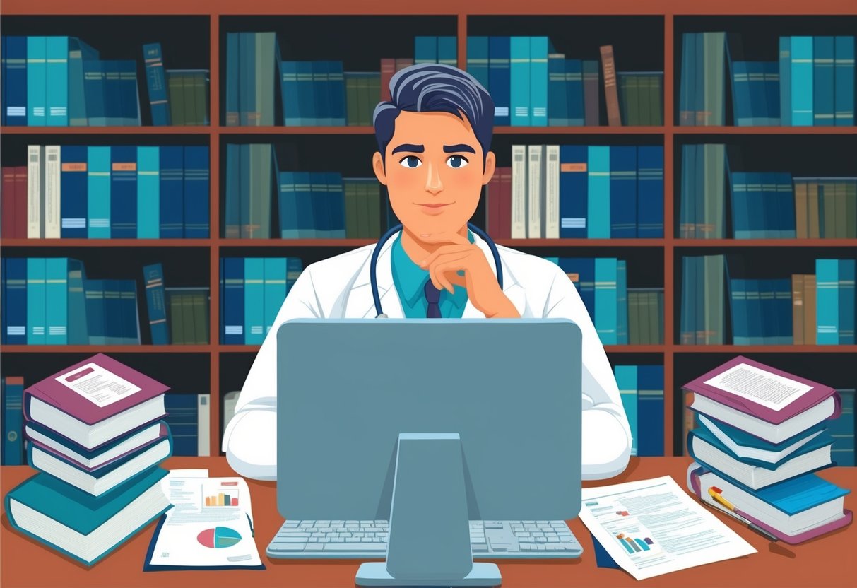 A person sitting at a computer, surrounded by medical books and research papers, with a thoughtful expression on their face