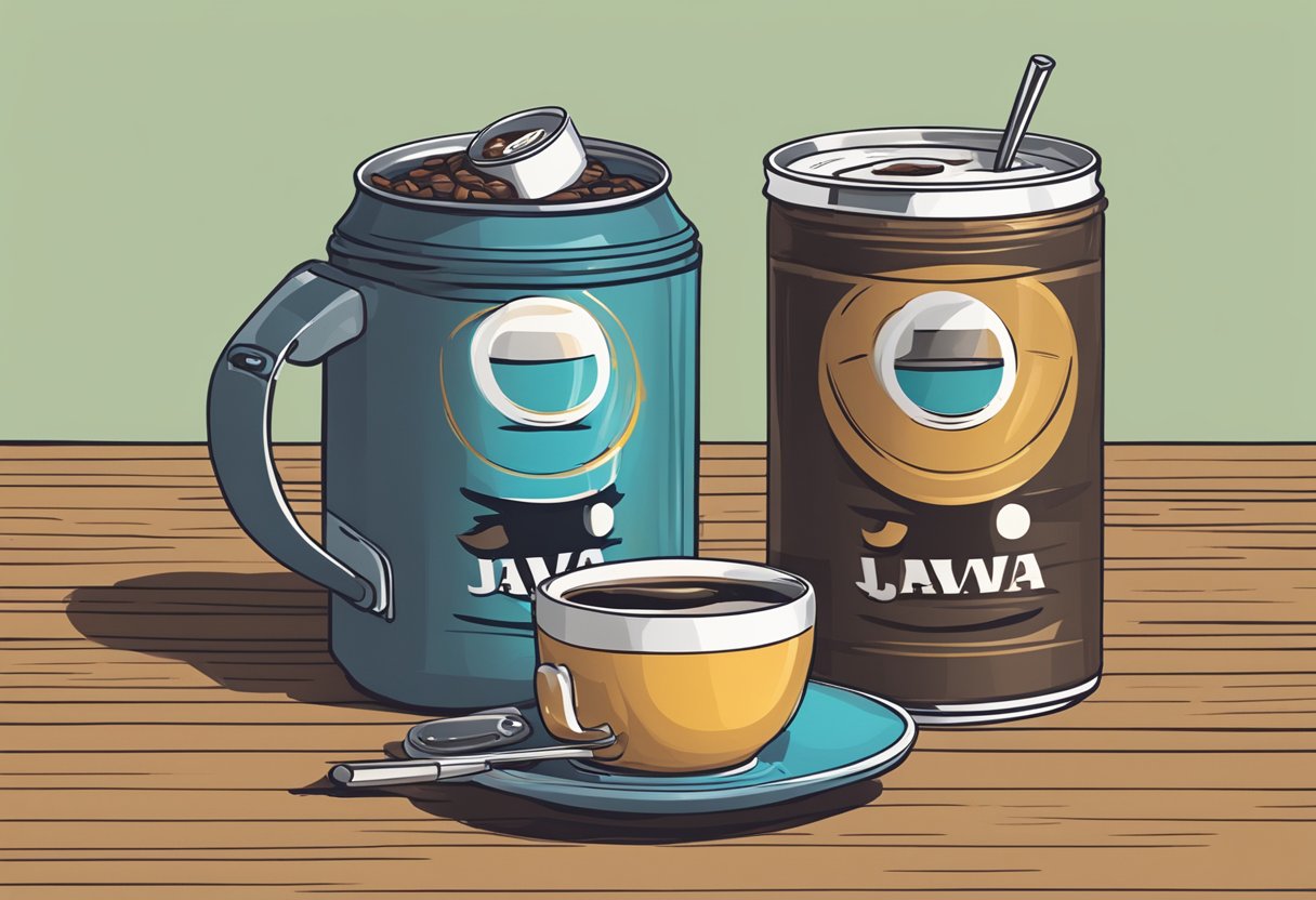 A can of Java Monster sits next to a coffee mug on a table, with a caffeine meter showing high levels