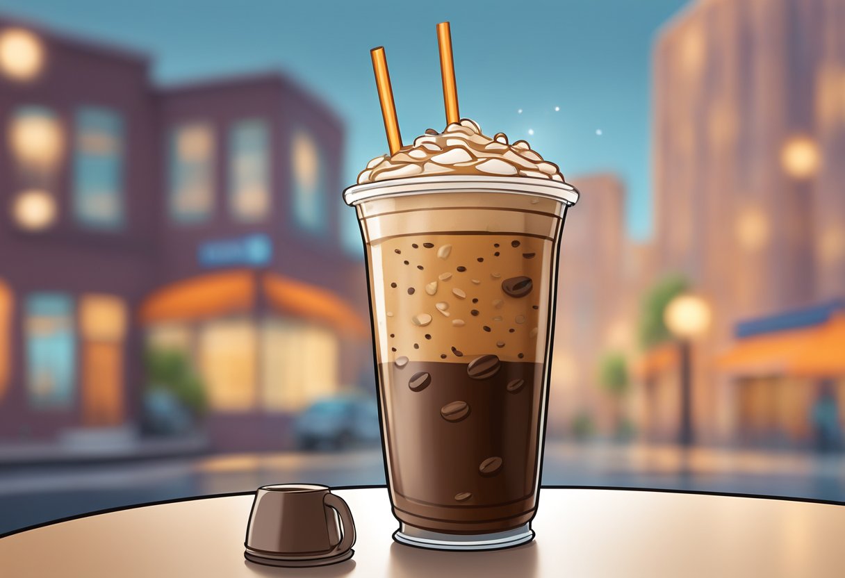 A large Dunkin iced coffee sits on a table with condensation forming on the outside of the cup. The drink is filled to the brim with ice and coffee, ready to be enjoyed