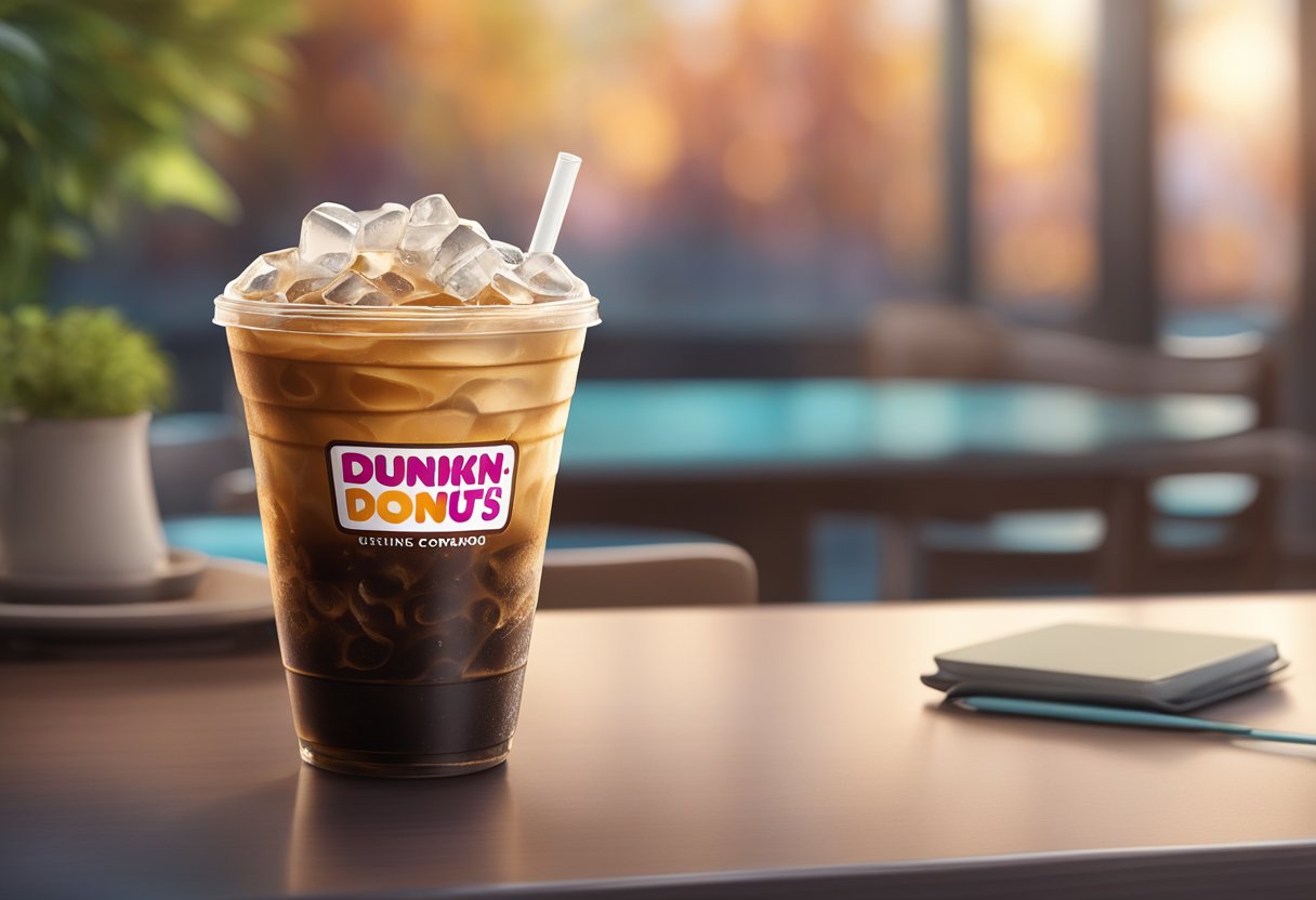 A large Dunkin' Donuts iced coffee sits on a table, condensation forming on the outside of the cup. The cup is filled to the brim with a dark, cold liquid, with ice cubes floating on top