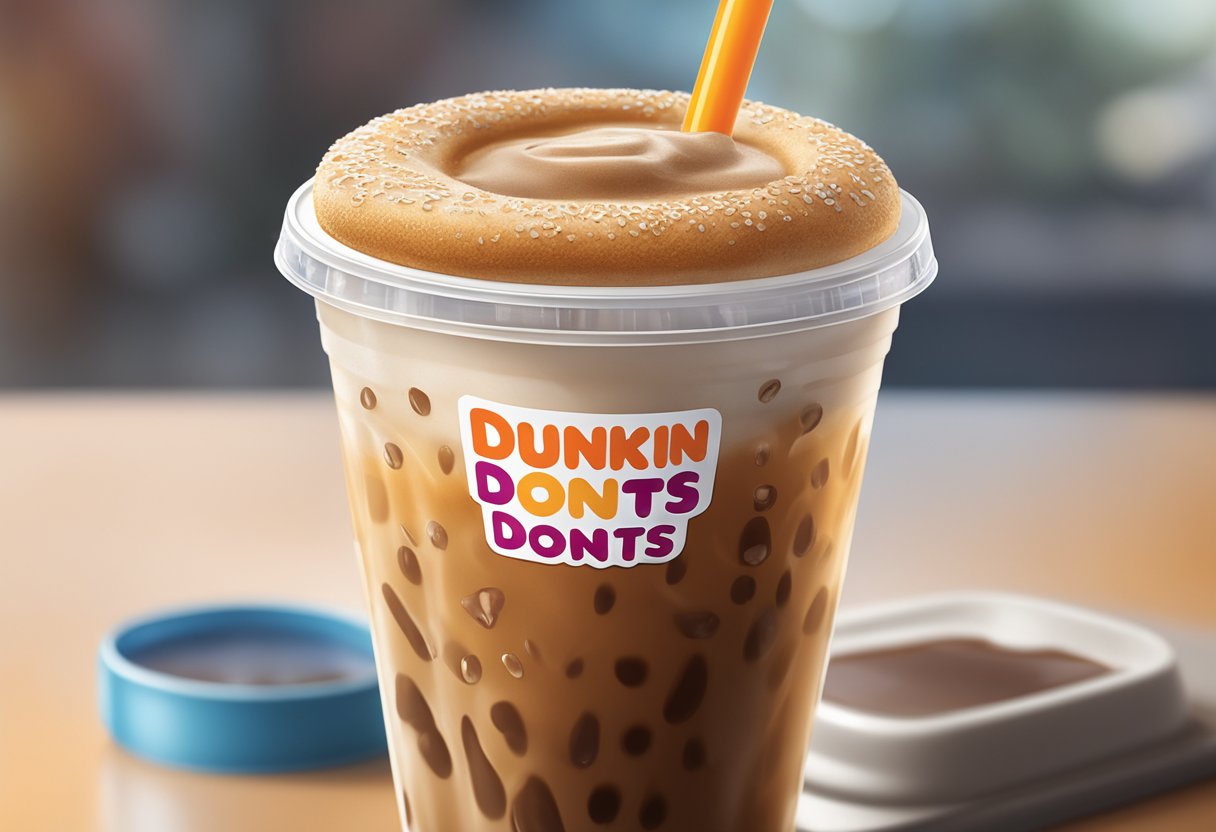 A large Dunkin' Donuts iced coffee sits on a table, condensation forming on the outside of the plastic cup