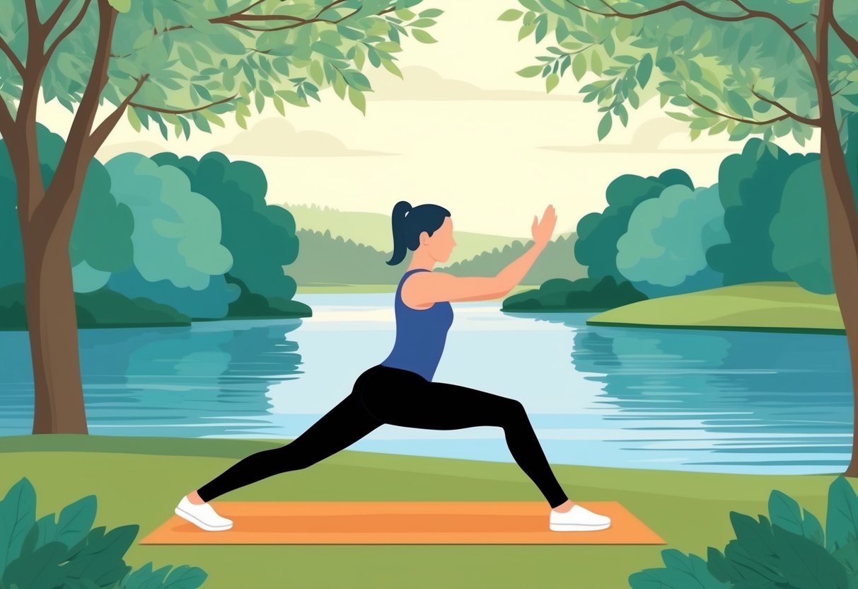 A figure performs stretching exercises in a serene outdoor setting, surrounded by trees and a calm body of water, to prevent and manage foraminal stenosis back pain