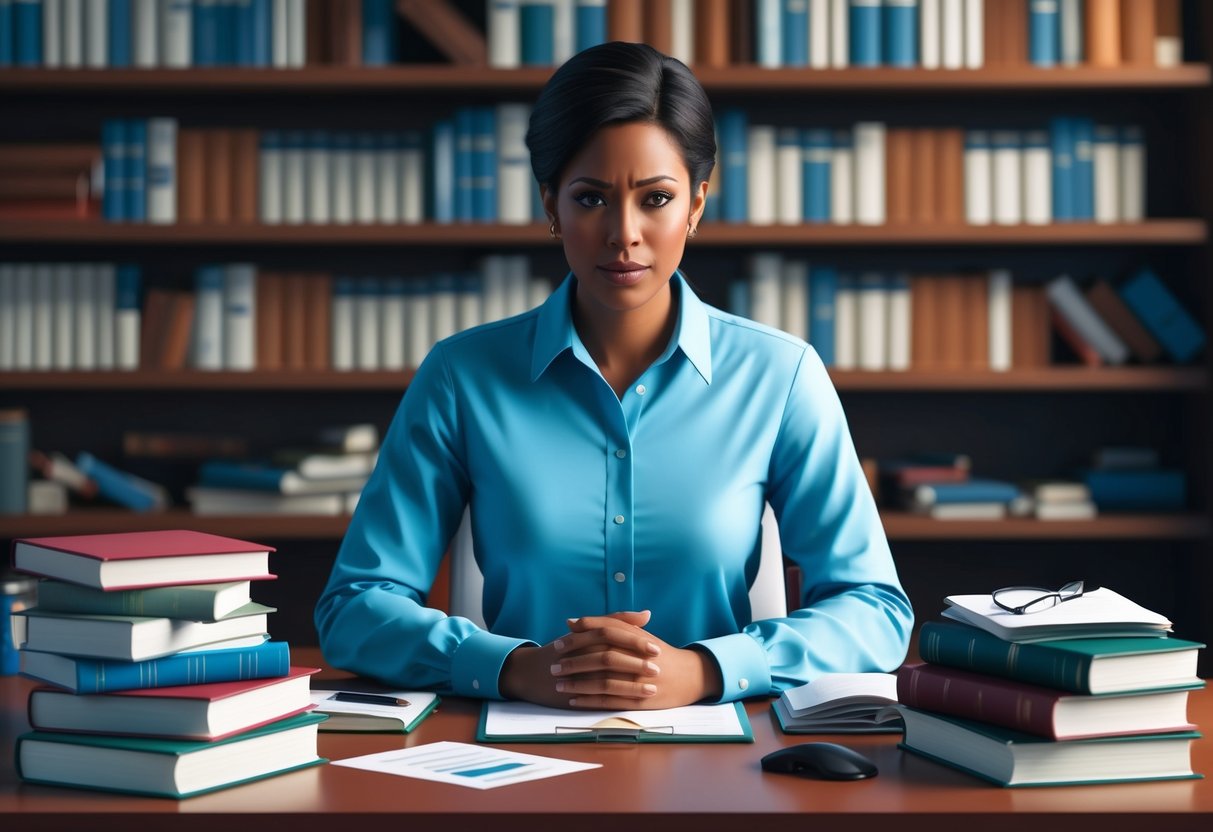 A person sitting at a desk, surrounded by medical books and papers, with a concerned look on their face