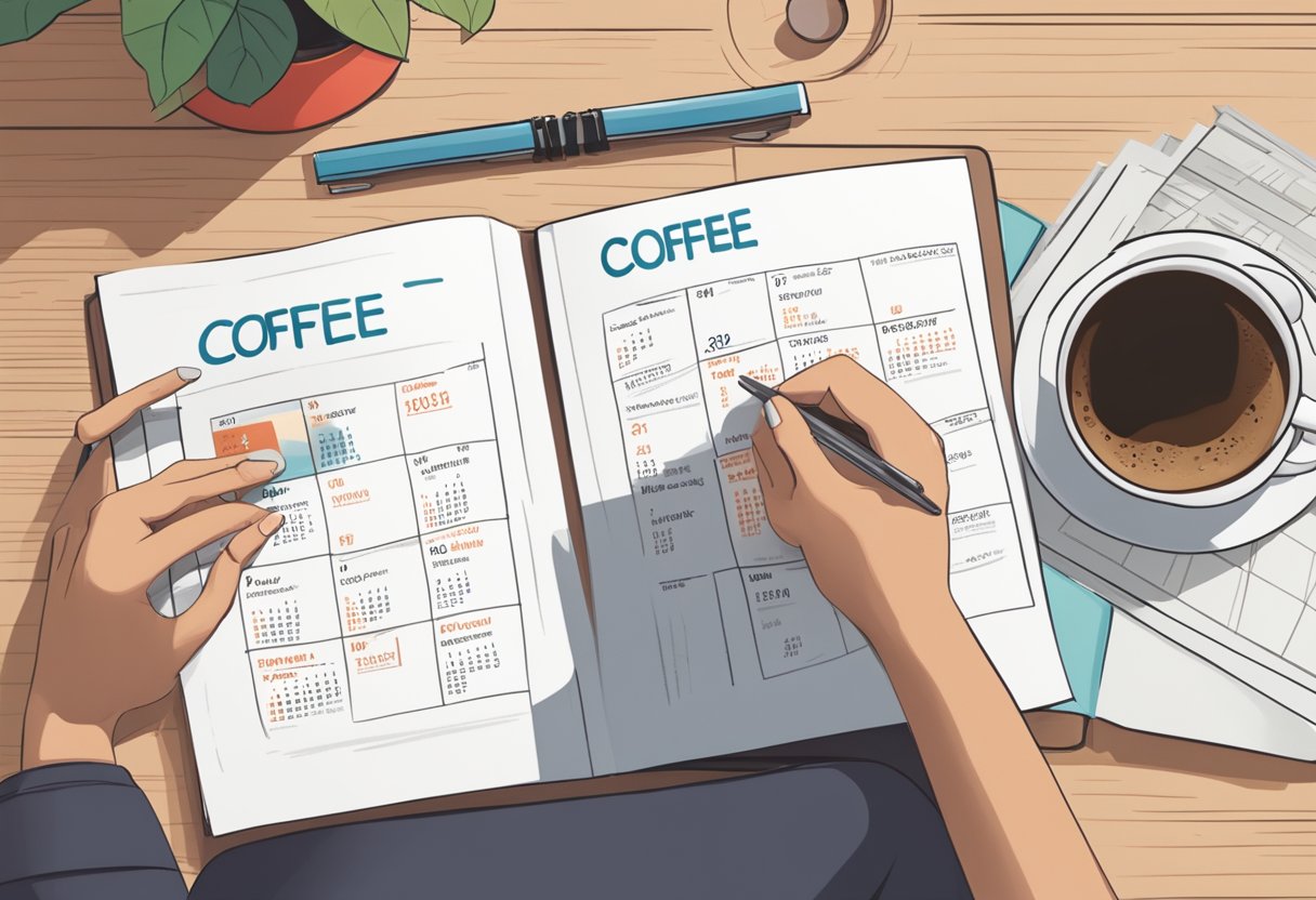 A person sitting at a table with a cup of coffee, a nutritional guideline pamphlet, and a calendar with a red circle around a future date