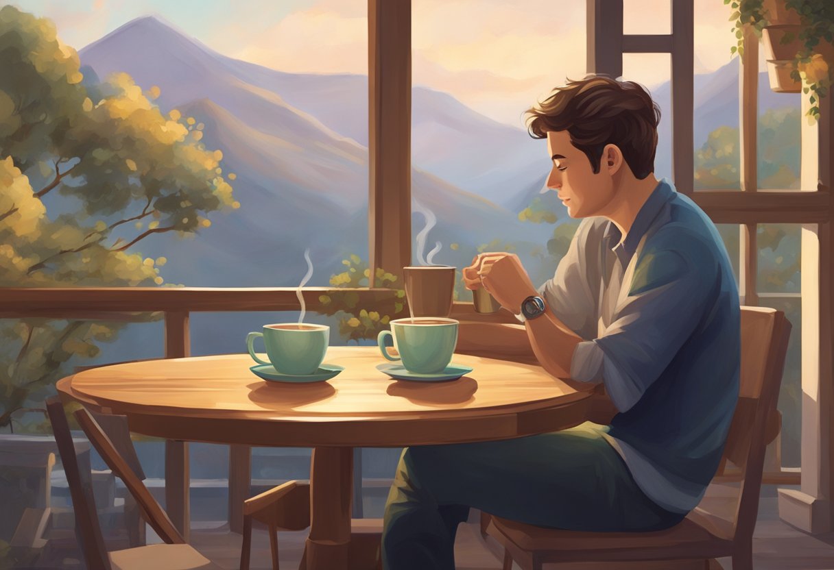 A person sits at a table with a steaming cup of coffee, surrounded by a serene and cozy atmosphere. The person appears content and relaxed as they enjoy their beverage