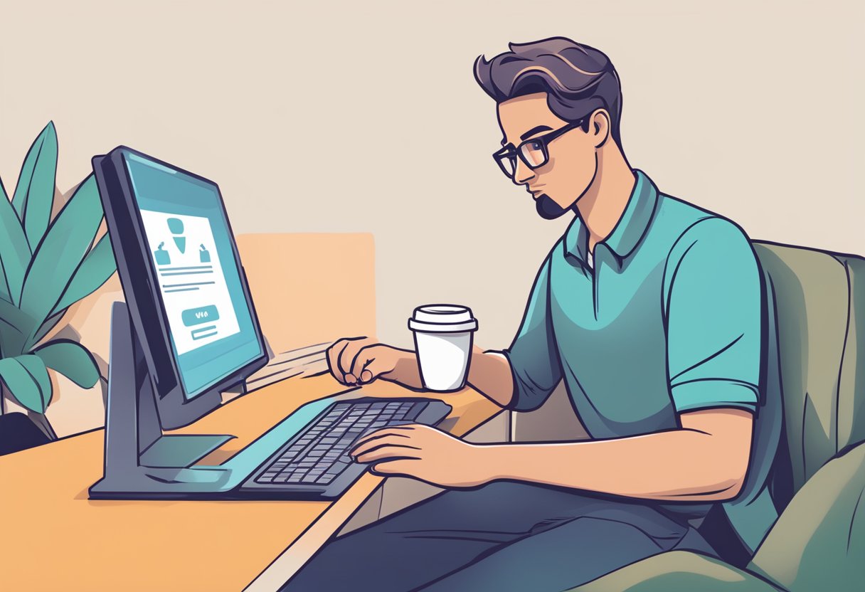 A person sitting at a computer, navigating a website with a "cancel subscription" button for Ryze Coffee