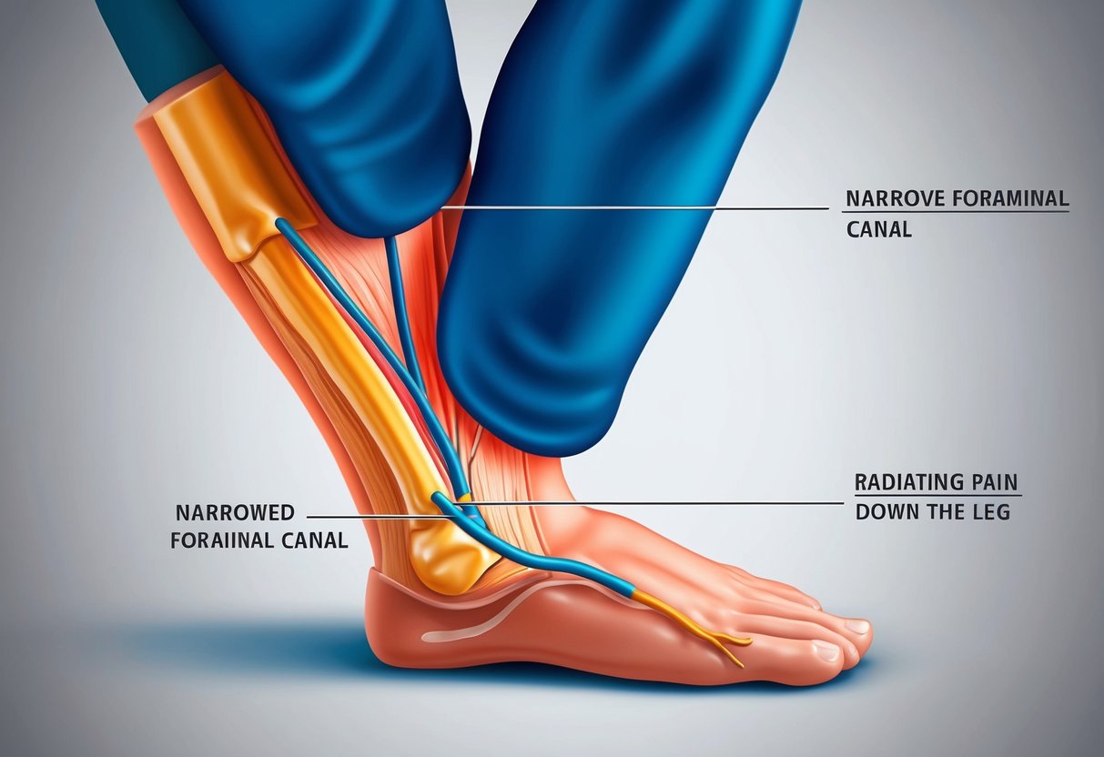 A spinal nerve being compressed by a narrowed foraminal canal, causing radiating pain down the leg