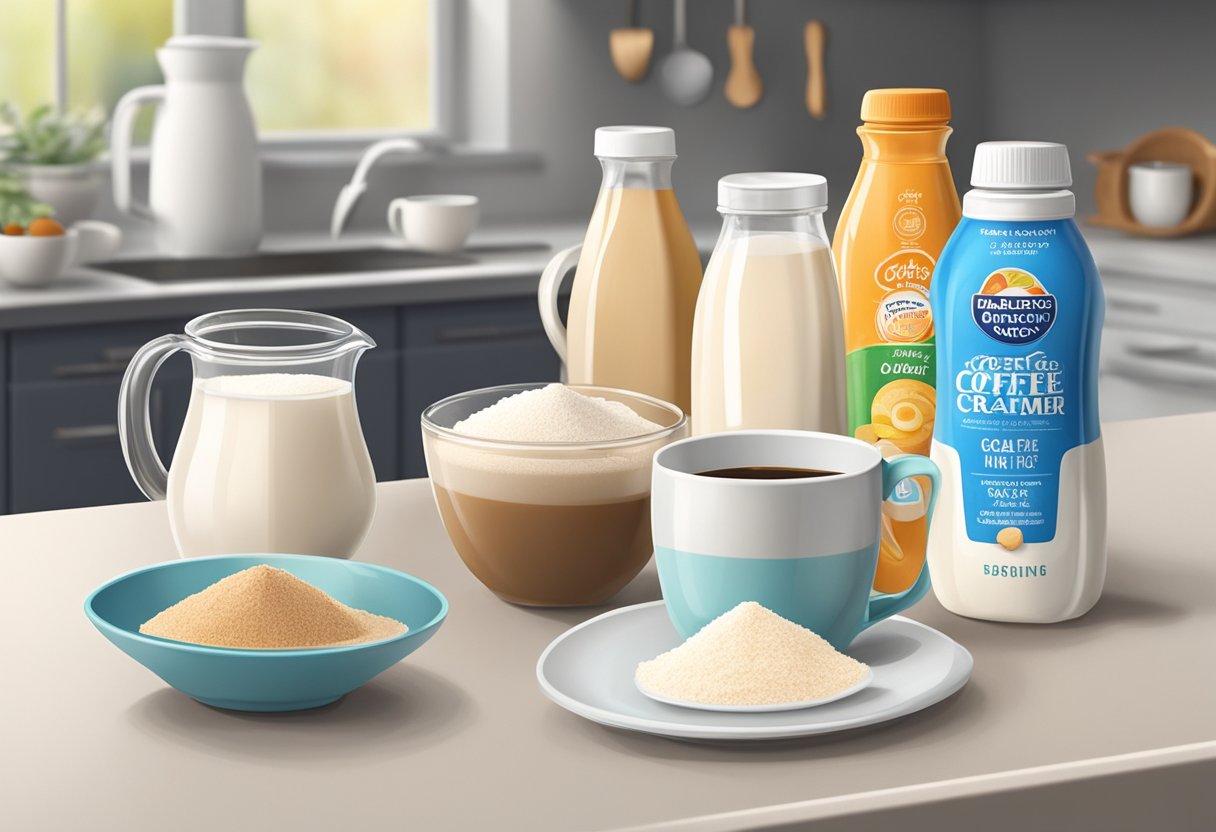 A diabetic-friendly coffee creamer surrounded by various sugar-free and low-carb options on a kitchen counter