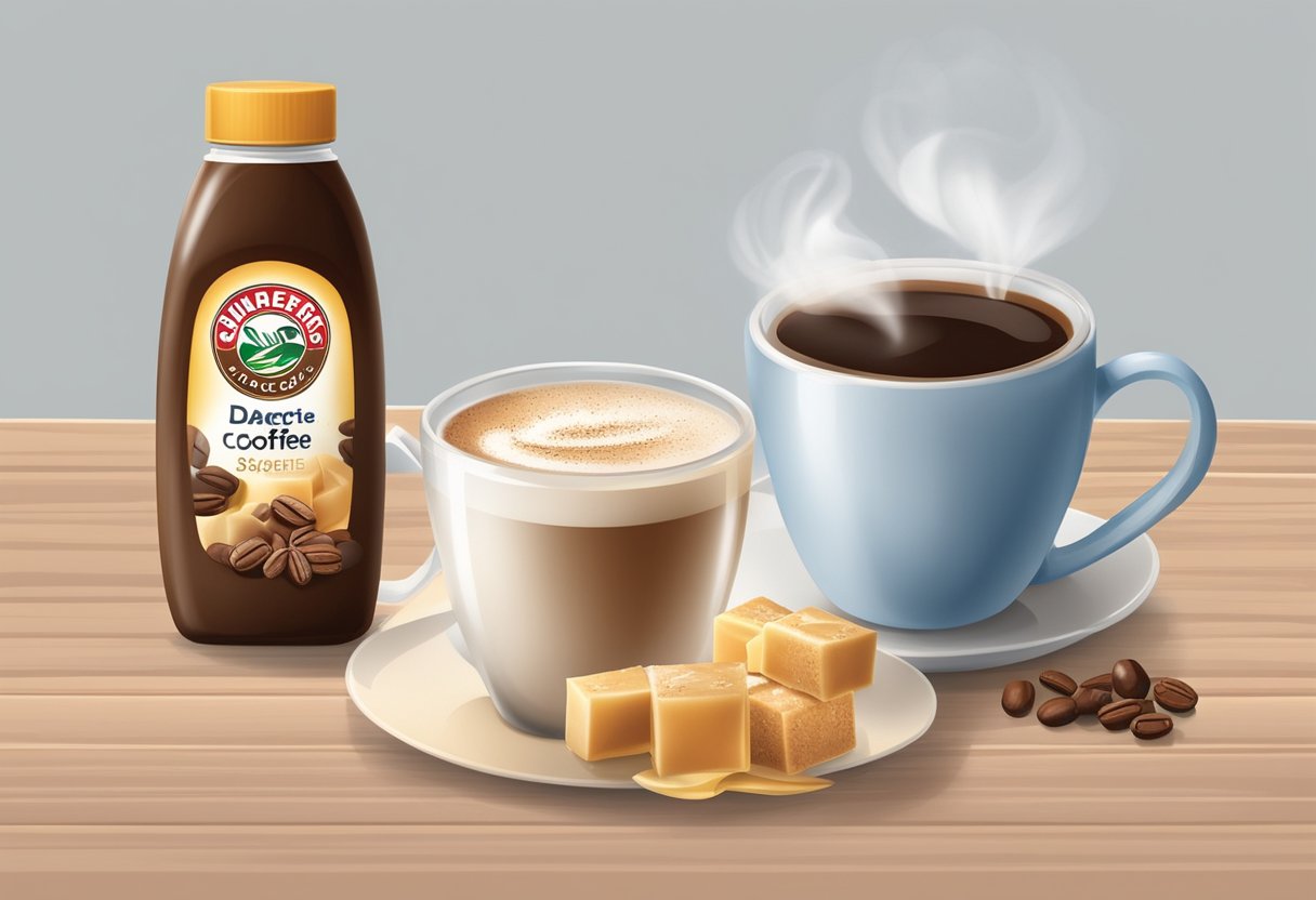 A diabetic-friendly coffee creamer sits next to a steaming cup of coffee, surrounded by a variety of natural sweeteners and sugar-free flavorings