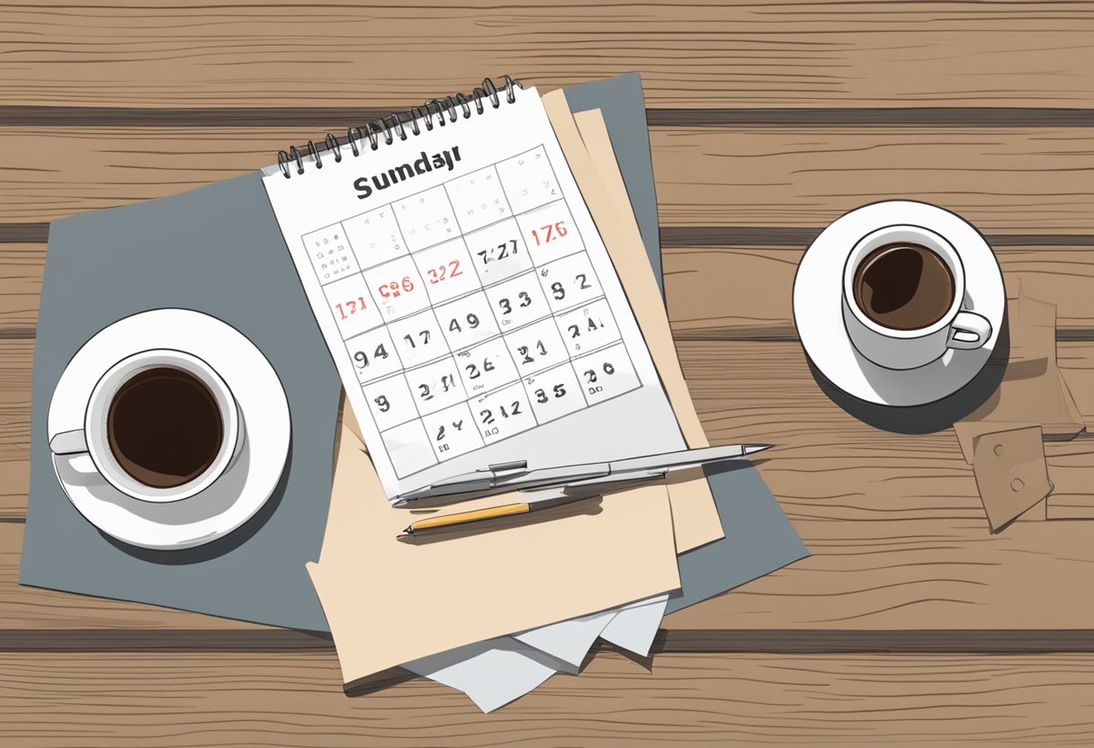 A person sits at a table with a mug of coffee, a calendar, and a note from the dentist. The calendar shows a date circled in red