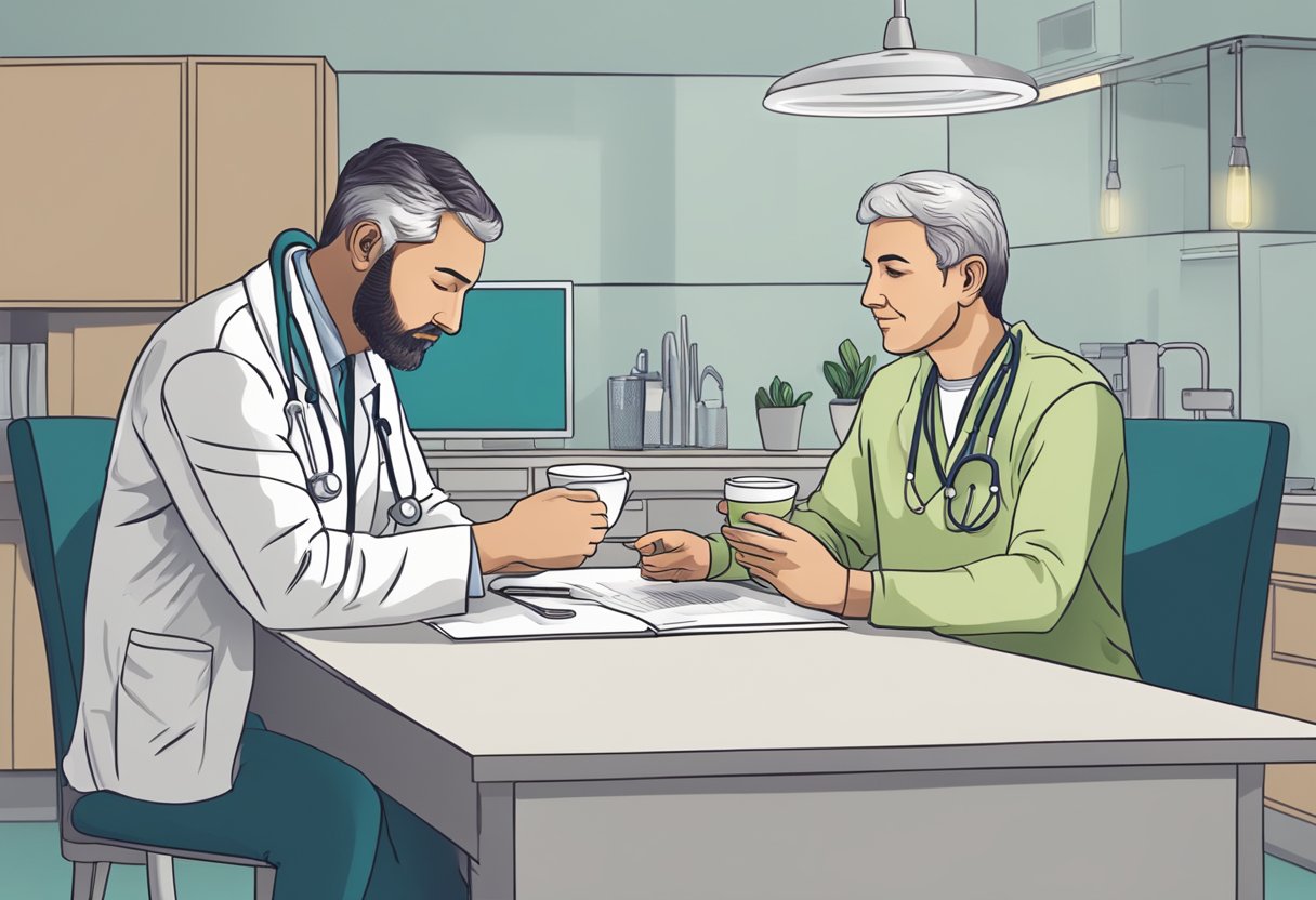 A person sitting at a table with a cup of coffee, while a doctor explains bone graft surgery