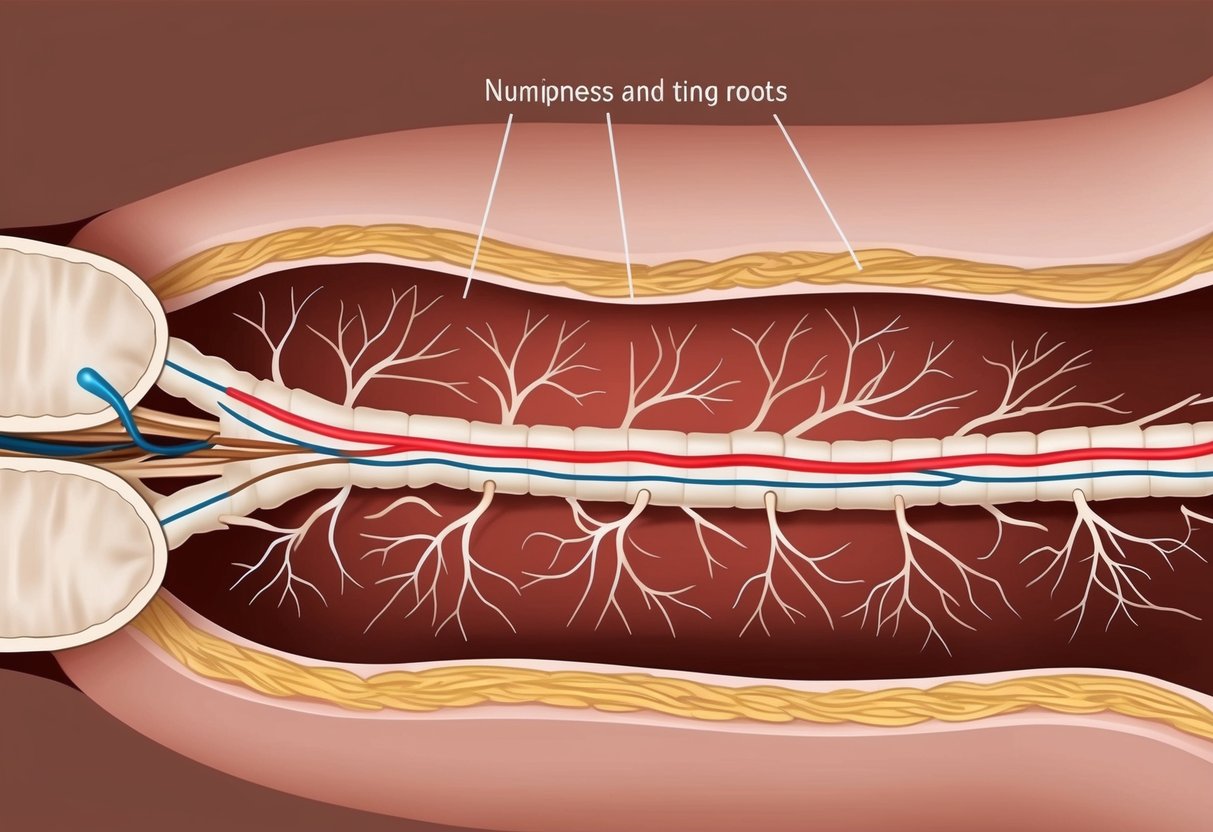 A narrow spinal canal with compressed nerve roots, causing numbness and tingling