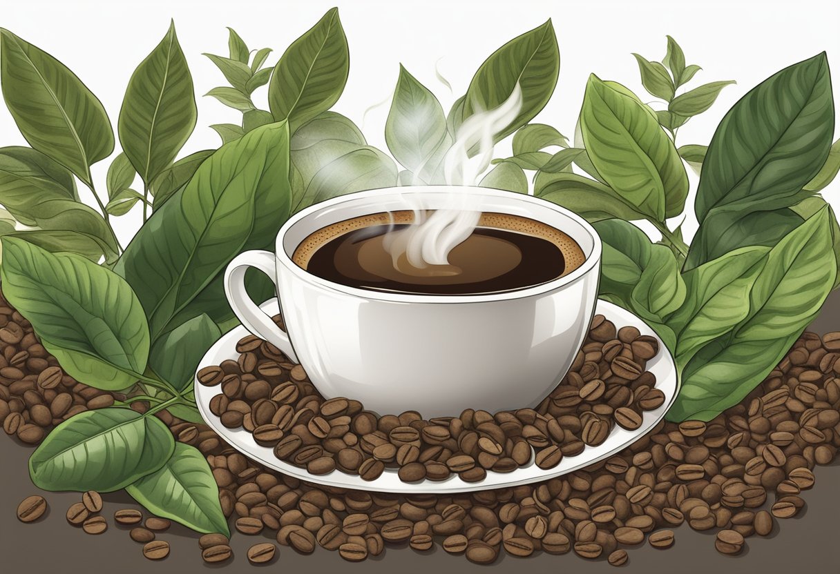 Steaming coffee cup surrounded by roasted beans and a coffee plant