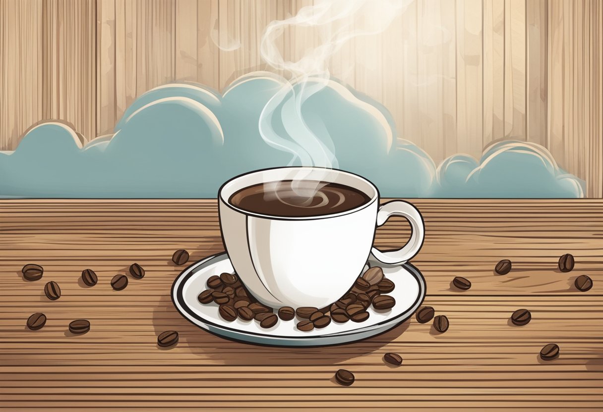 A steaming cup of coffee sits on a wooden table, surrounded by coffee beans and a fragrant aroma wafting through the air