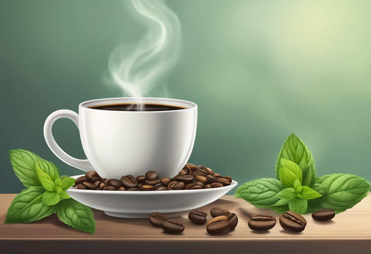 A steaming cup of coffee sits on a table, surrounded by swirling aromatic steam. A coffee bean and a sprig of fresh mint are placed nearby