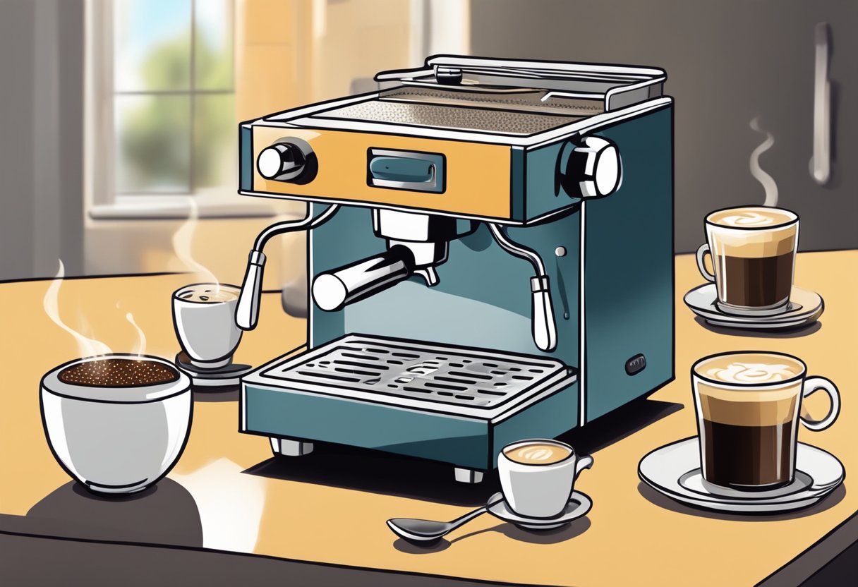 A small espresso machine brewing two shots of espresso, with a spoonful of instant coffee and hot water nearby