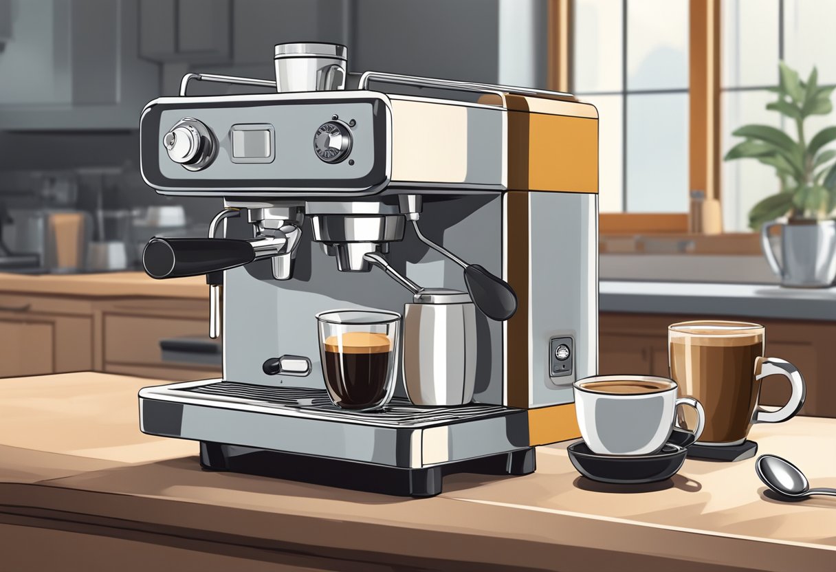 A small espresso machine sits on a countertop, with two espresso cups filled with freshly brewed espresso. A jar of instant coffee and a spoon are nearby