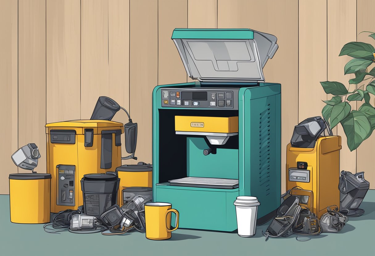 An old coffee maker being placed in a recycling bin with other electronic waste