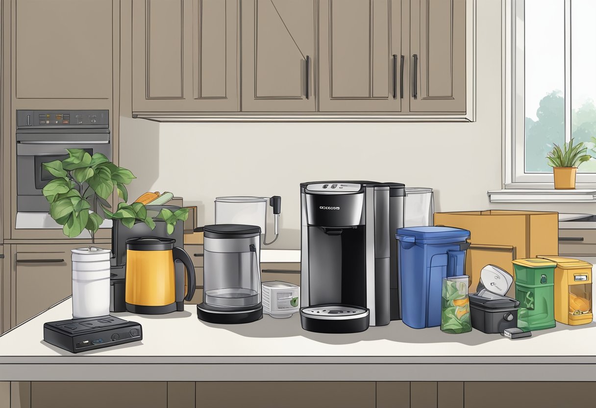 A coffee maker sitting on a kitchen counter, unplugged and with the power cord neatly wrapped, next to a recycling bin filled with other electronic waste