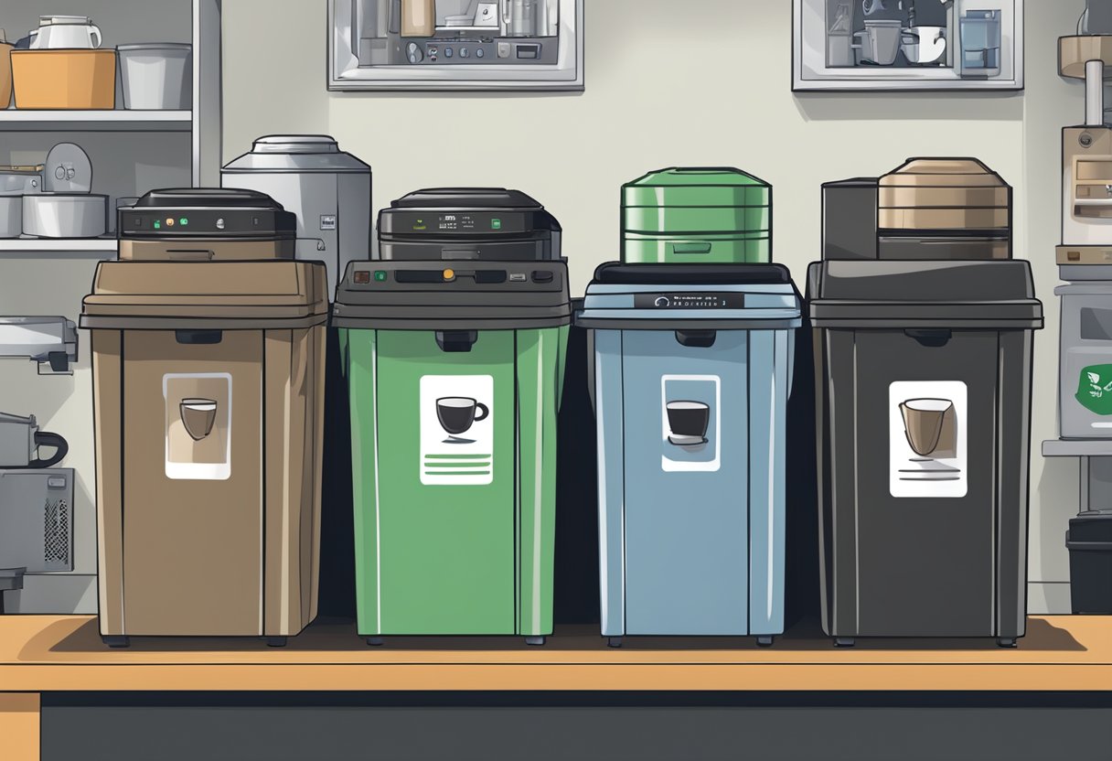 A variety of coffee makers being placed into separate recycling bins labeled for electronic waste, metal, and plastics