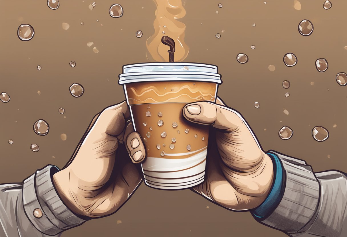 A hand holding a medium-sized iced coffee cup from Dunkin, with ice cubes visible and condensation on the cup