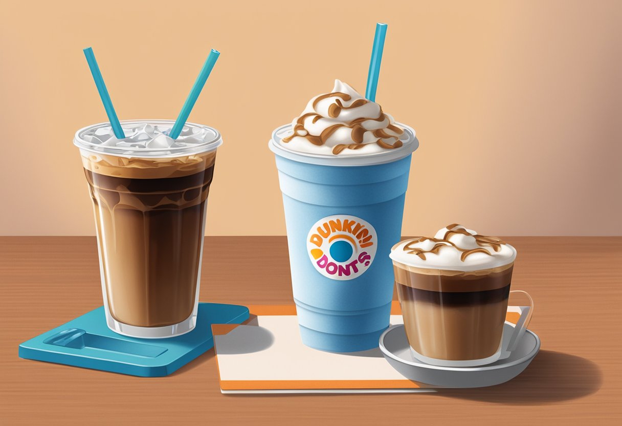 A medium iced coffee cup from Dunkin' Donuts sits on a scale, showing 24 oz. Ice cubes and a straw are nearby