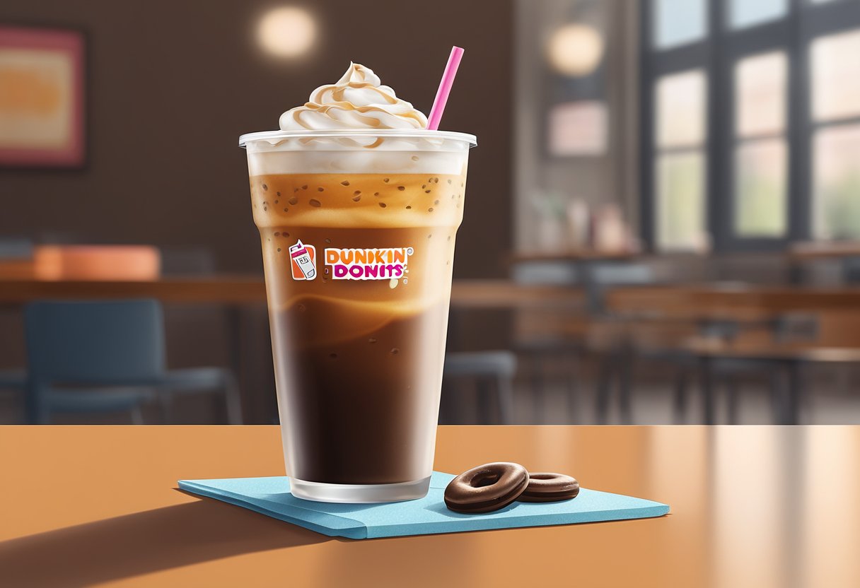 A medium Dunkin' Donuts iced coffee sits on a table, condensation forming on the outside of the cup