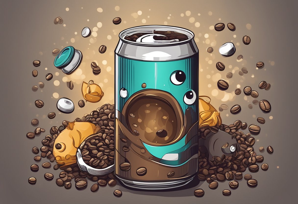 A can of Monster coffee surrounded by coffee beans and a caffeine molecule model