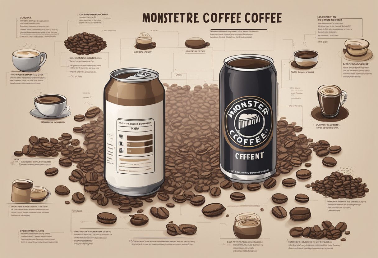 A can of Monster coffee sits on a table, surrounded by coffee beans and a caffeine content chart