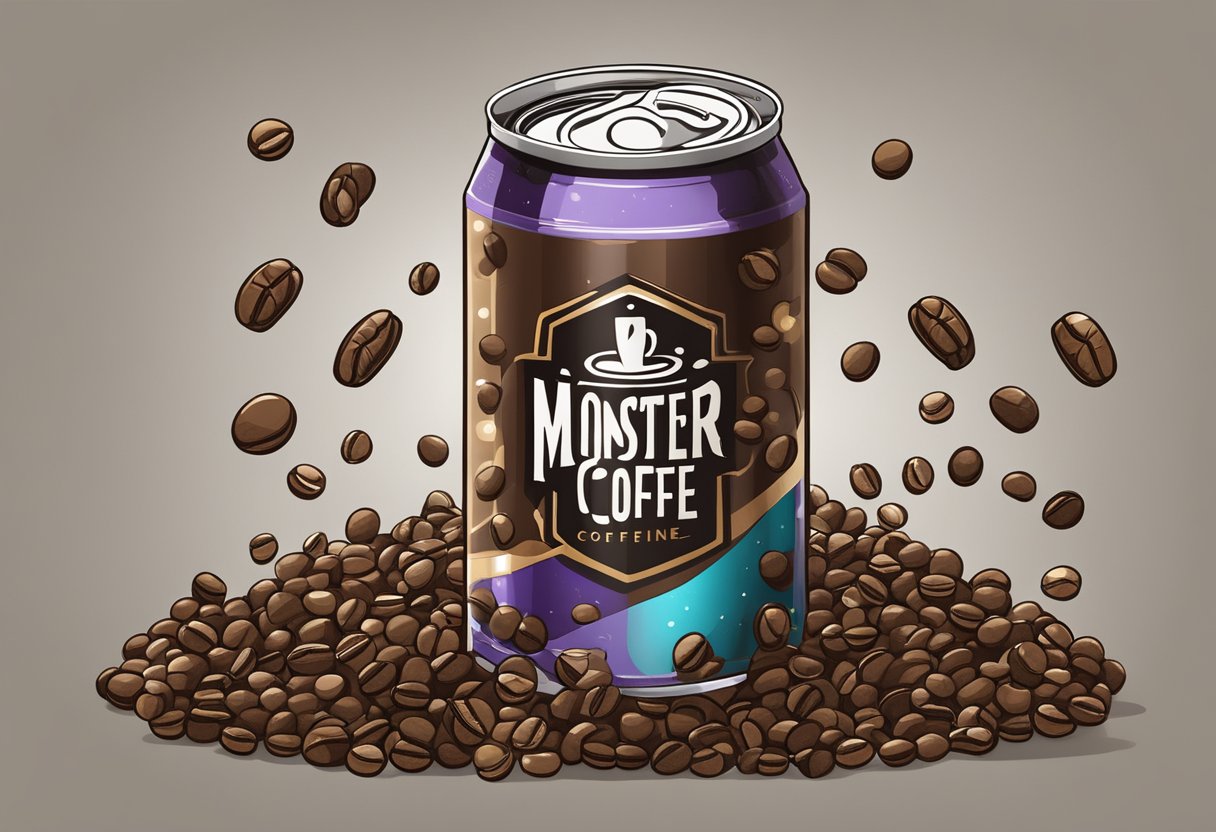 A can of Monster coffee surrounded by scattered coffee beans and a caffeine molecule model