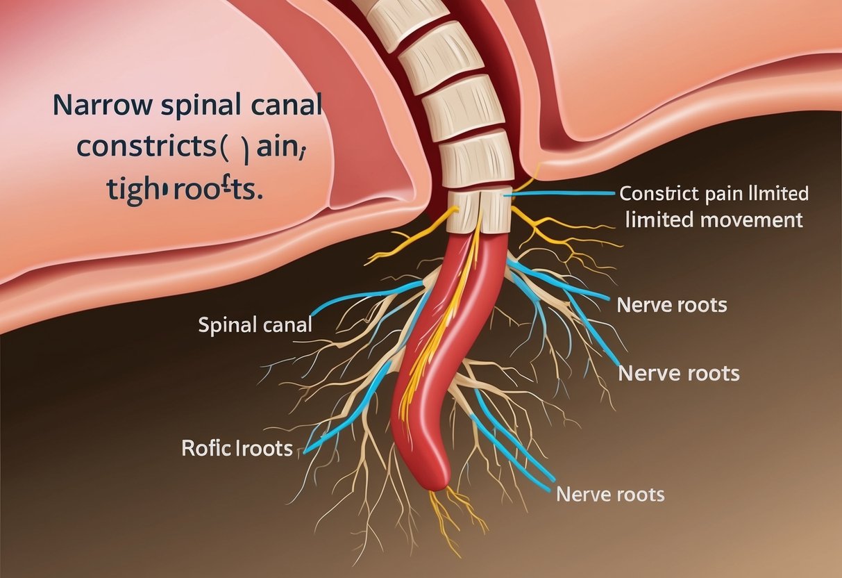 A narrow spinal canal constricts nerve roots, causing pain and limited movement