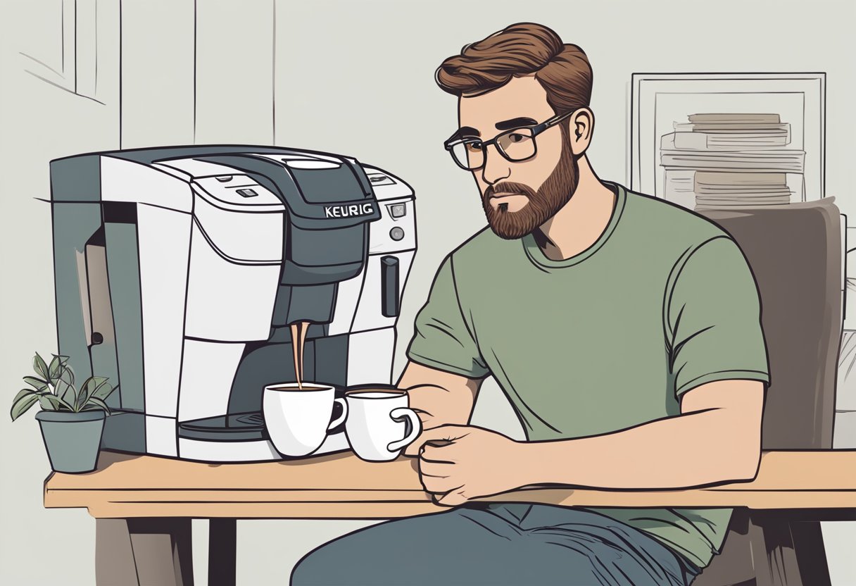 A Keurig machine dispensing light-colored, translucent coffee into a mug, with a disappointed expression on the user's face