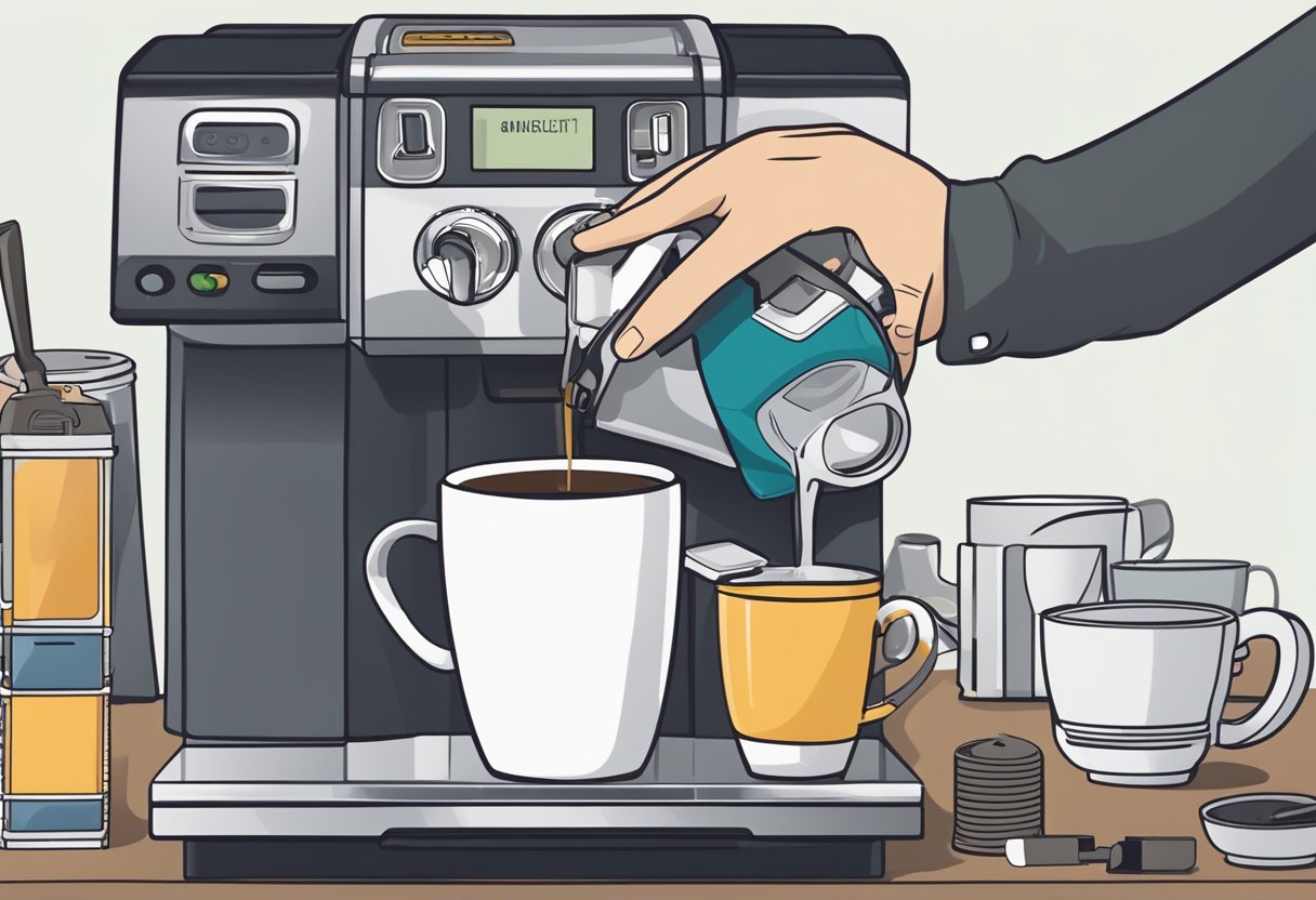 A hand reaching for a Keurig machine, with a cup of weak coffee being poured out, while the machine is surrounded by various tools and cleaning supplies for troubleshooting and maintenance