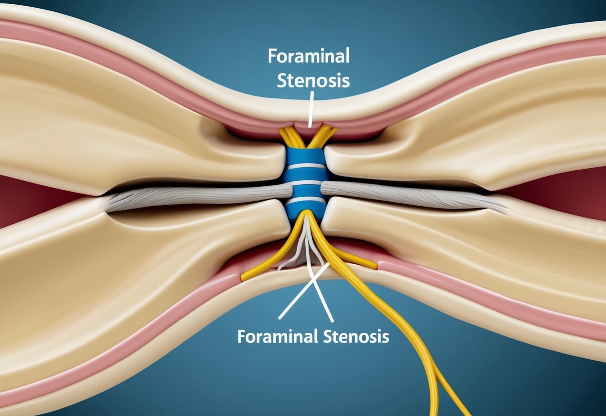 A cross-section of a spinal nerve root being compressed by a narrowed foraminal canal, causing foraminal stenosis