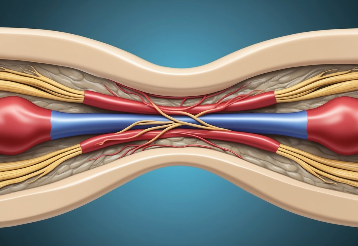 A cross-section of a spinal nerve root being compressed by narrowing of the intervertebral foramen