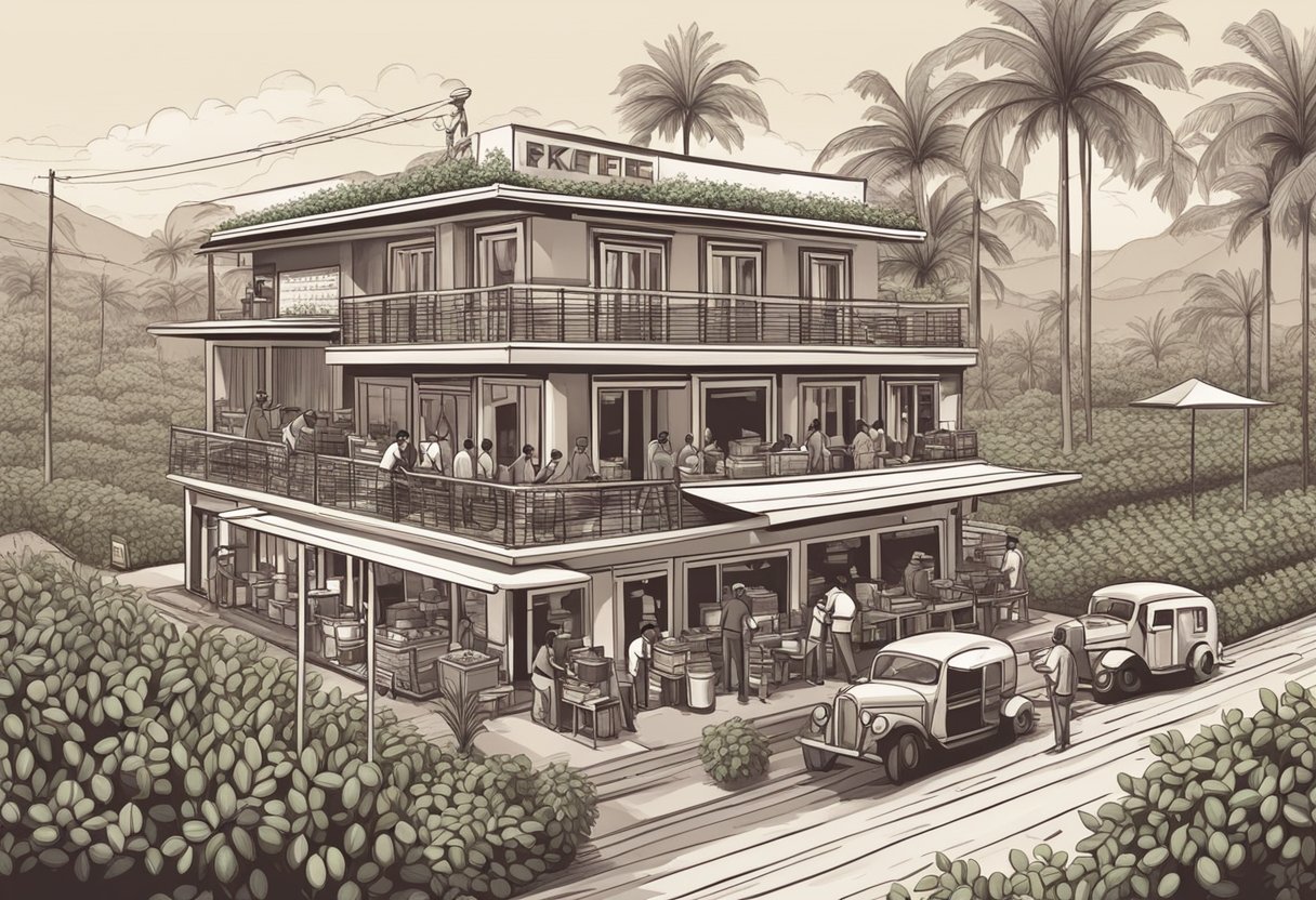 A bustling coffee plantation with workers harvesting ripe beans under the hot sun, while a sleek, modern coffee shop in a trendy city charges exorbitant prices for a cup of Keefe coffee