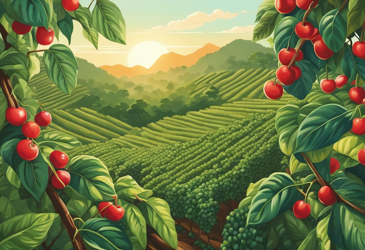 A lavish coffee plantation with towering trees, ripe coffee cherries, and workers hand-picking the beans under the hot sun